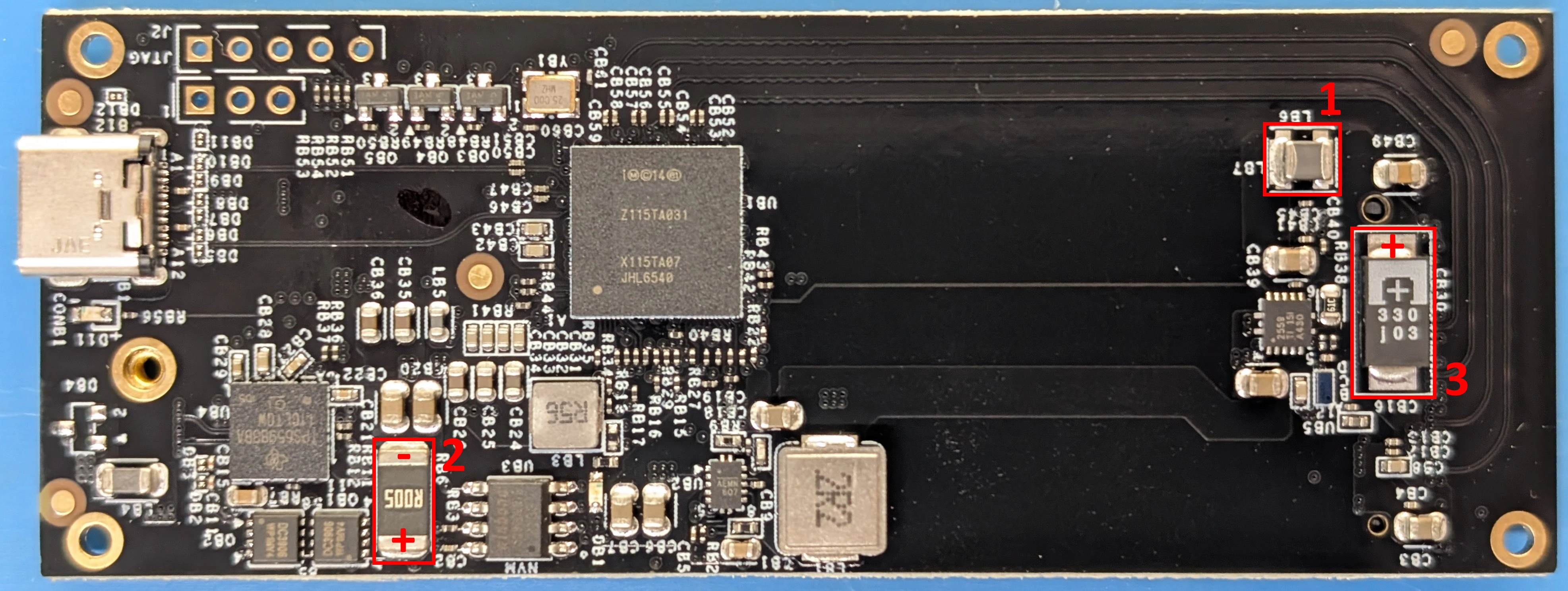 JoneyTech TBT3 to NVME adaptor. It is annotated as described below.