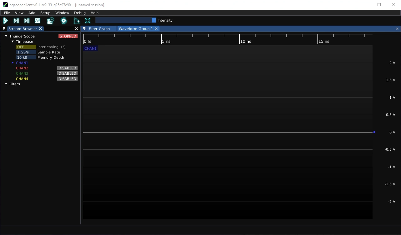 ngscopeclient waveform view with no waveform displayed