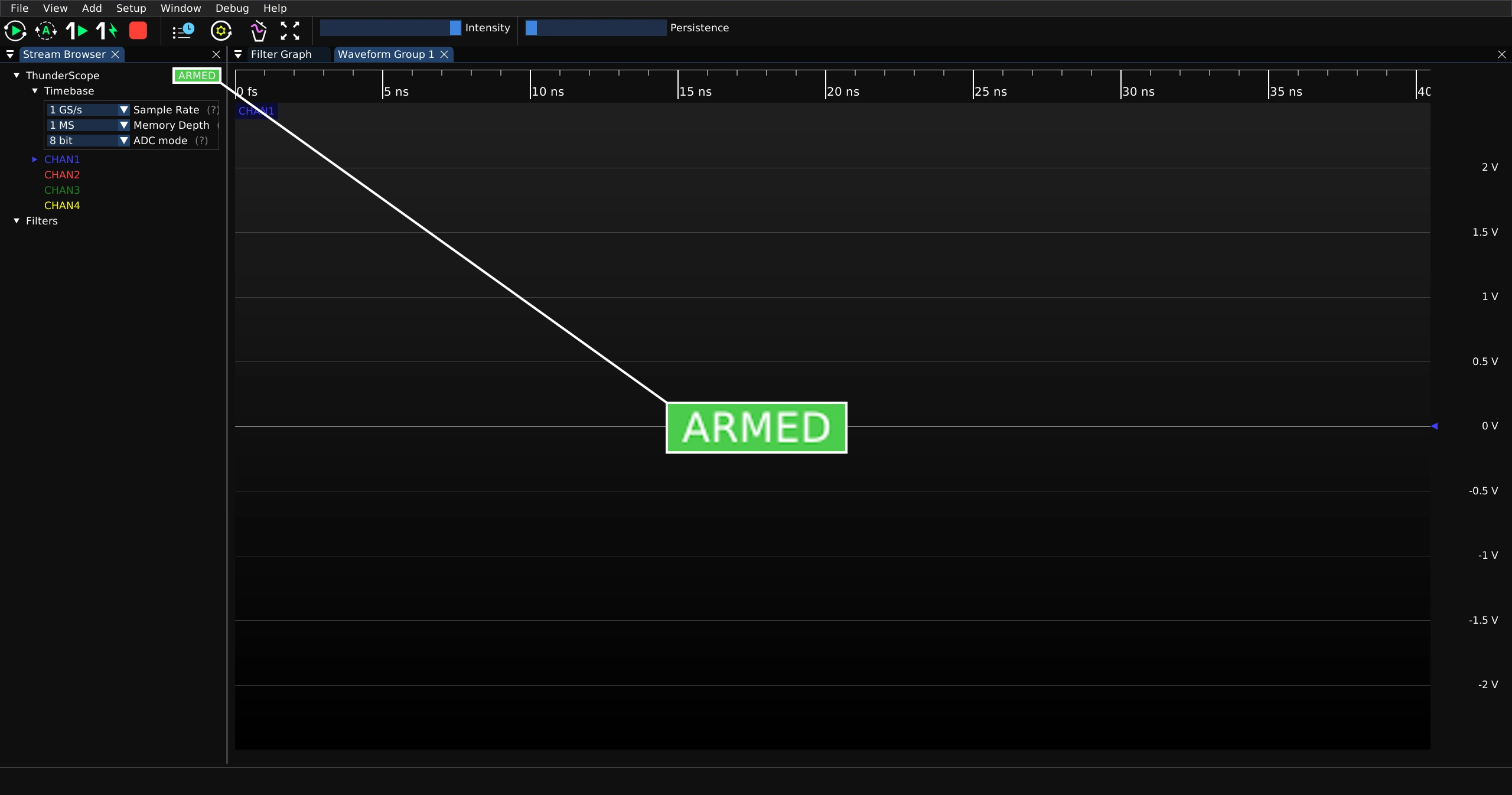 Screenshot of ngscopeclient showing a triggered 25 MHz sine in normal mode