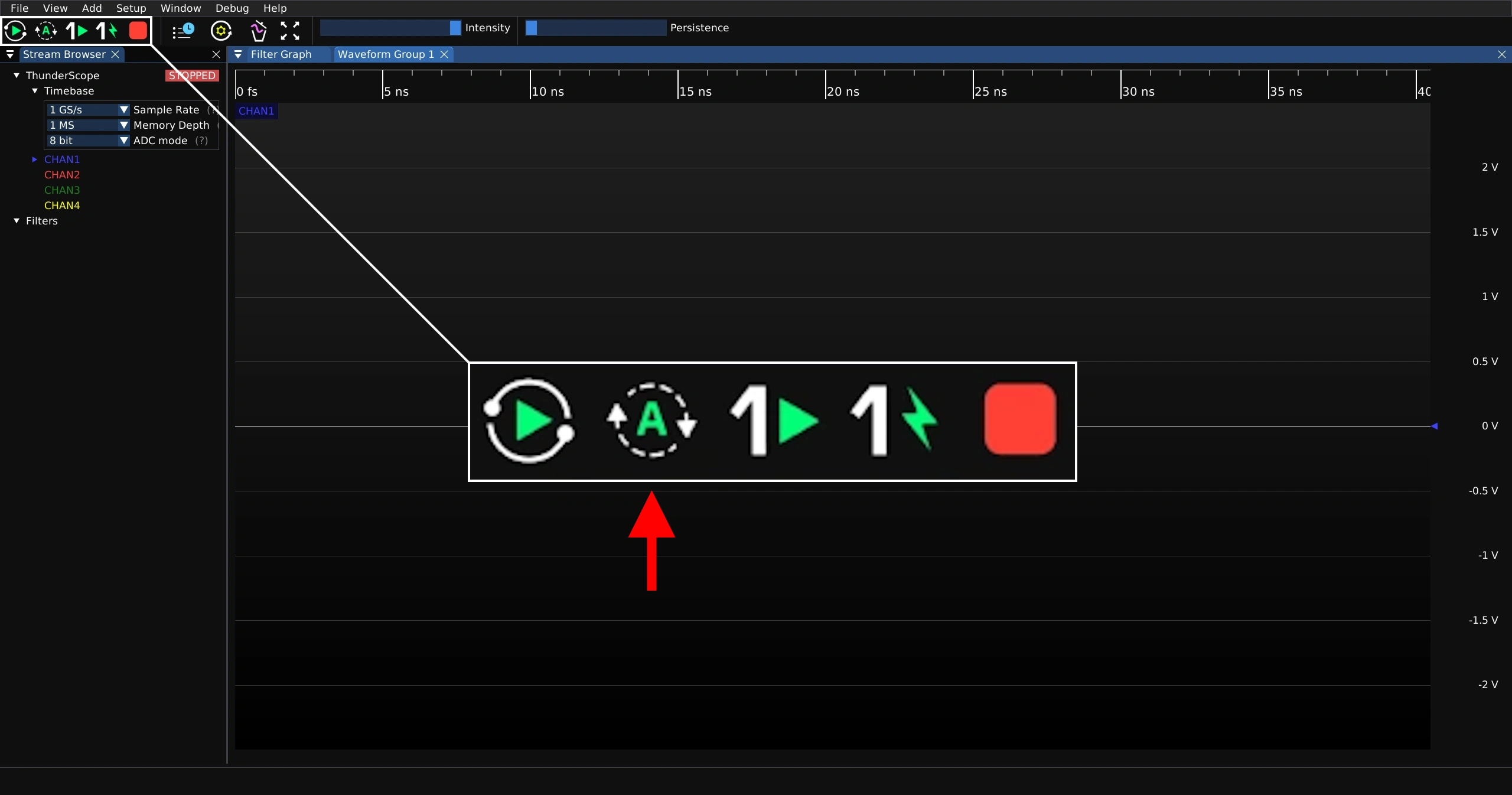 Screenshot of ngscopeclient window with an arrow pointing at the auto capture button