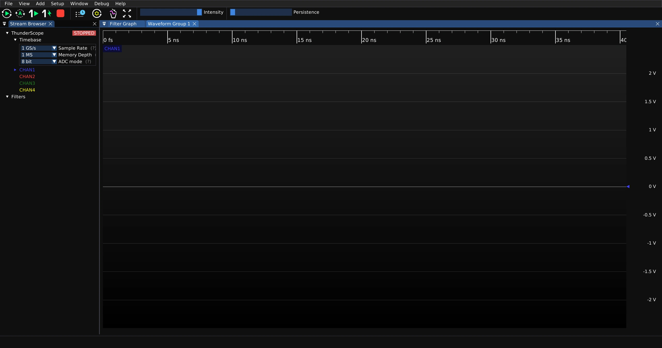 Screenshot of ngscopeclient window that has just been connected to TS.NET.Engine