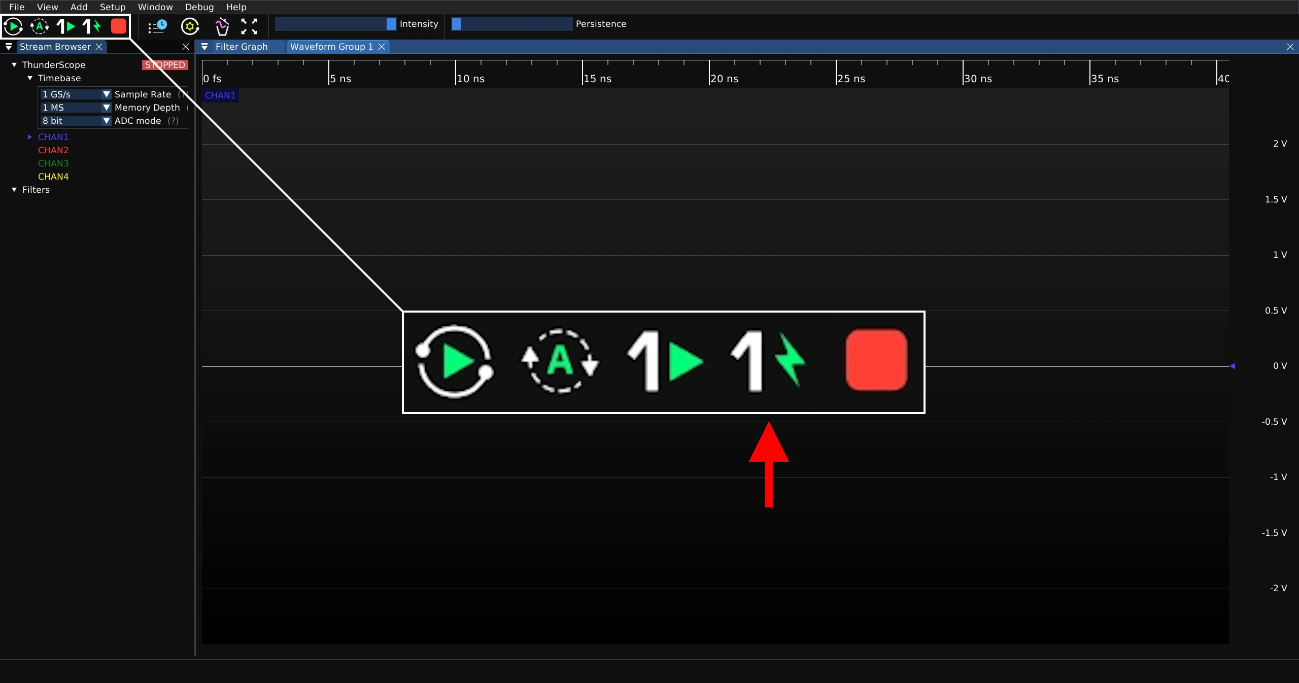 Screenshot of ngscopeclient window with an arrow pointing at the force capture button