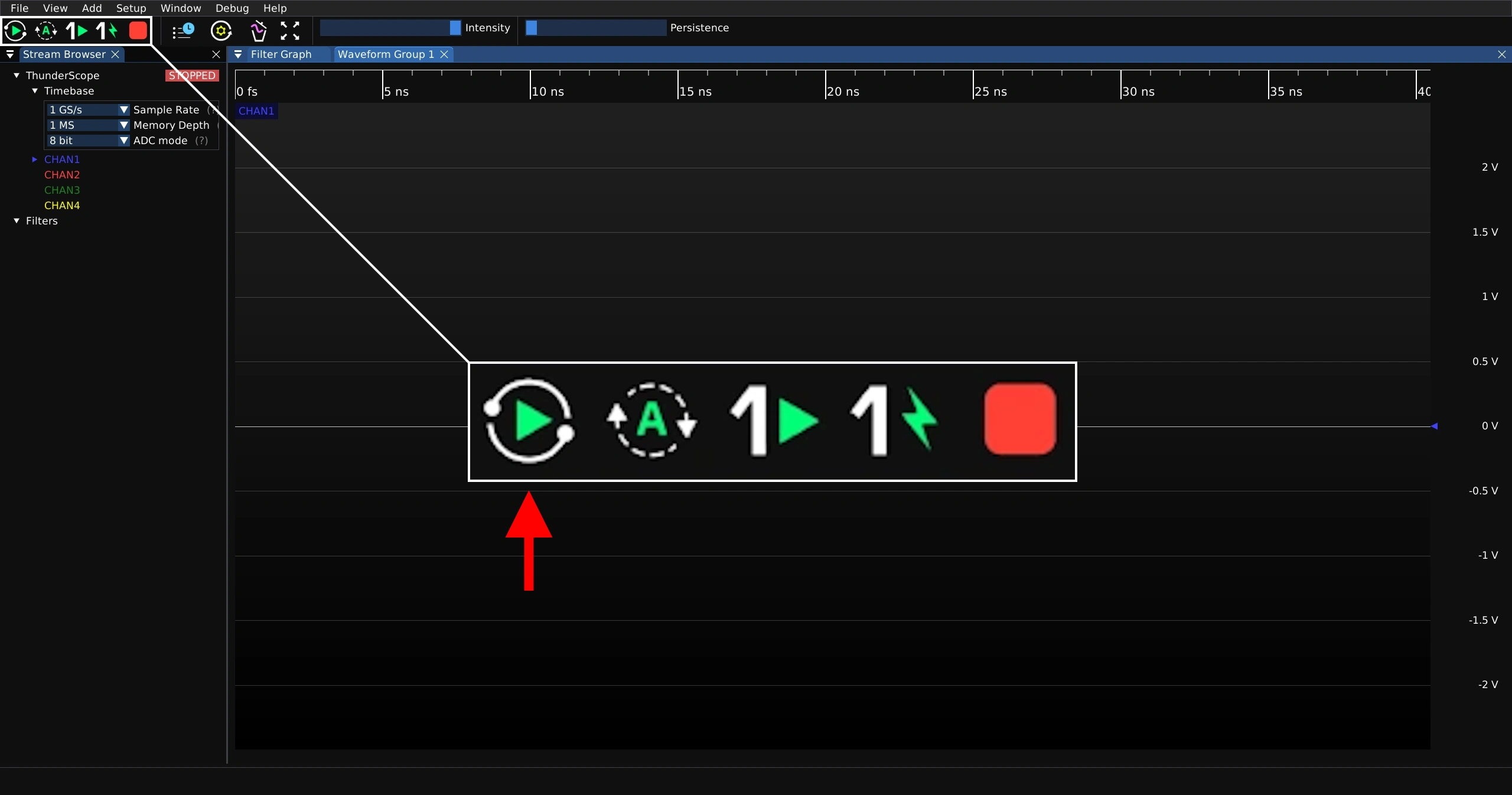 Screenshot of ngscopeclient window with an arrow pointing at the normal capture button