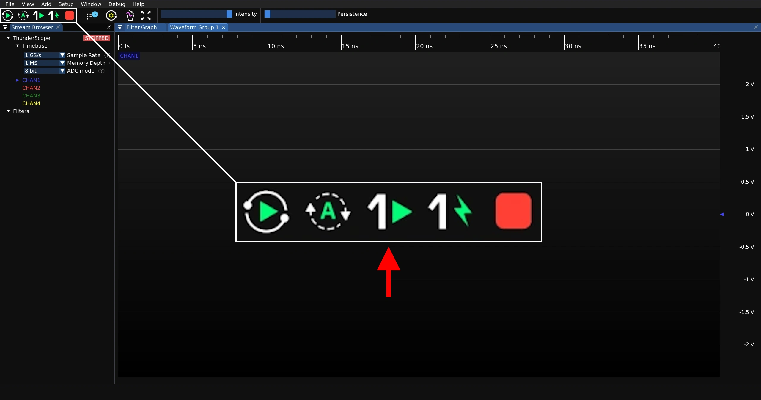 Screenshot of ngscopeclient window with an arrow pointing at the single capture button