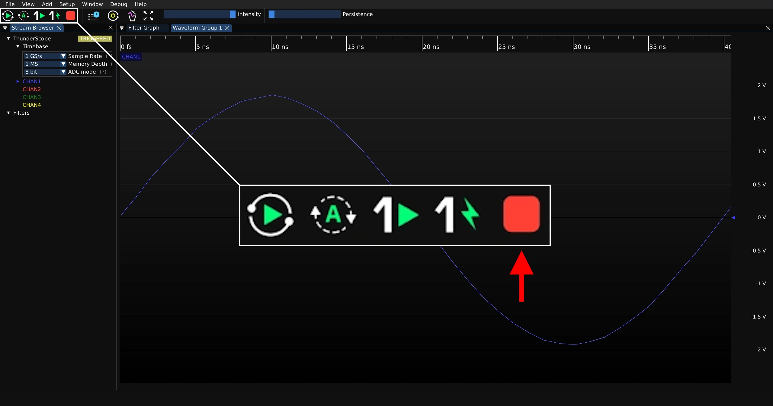 Screenshot of ngscopeclient window with an arrow pointing at the stop capture button