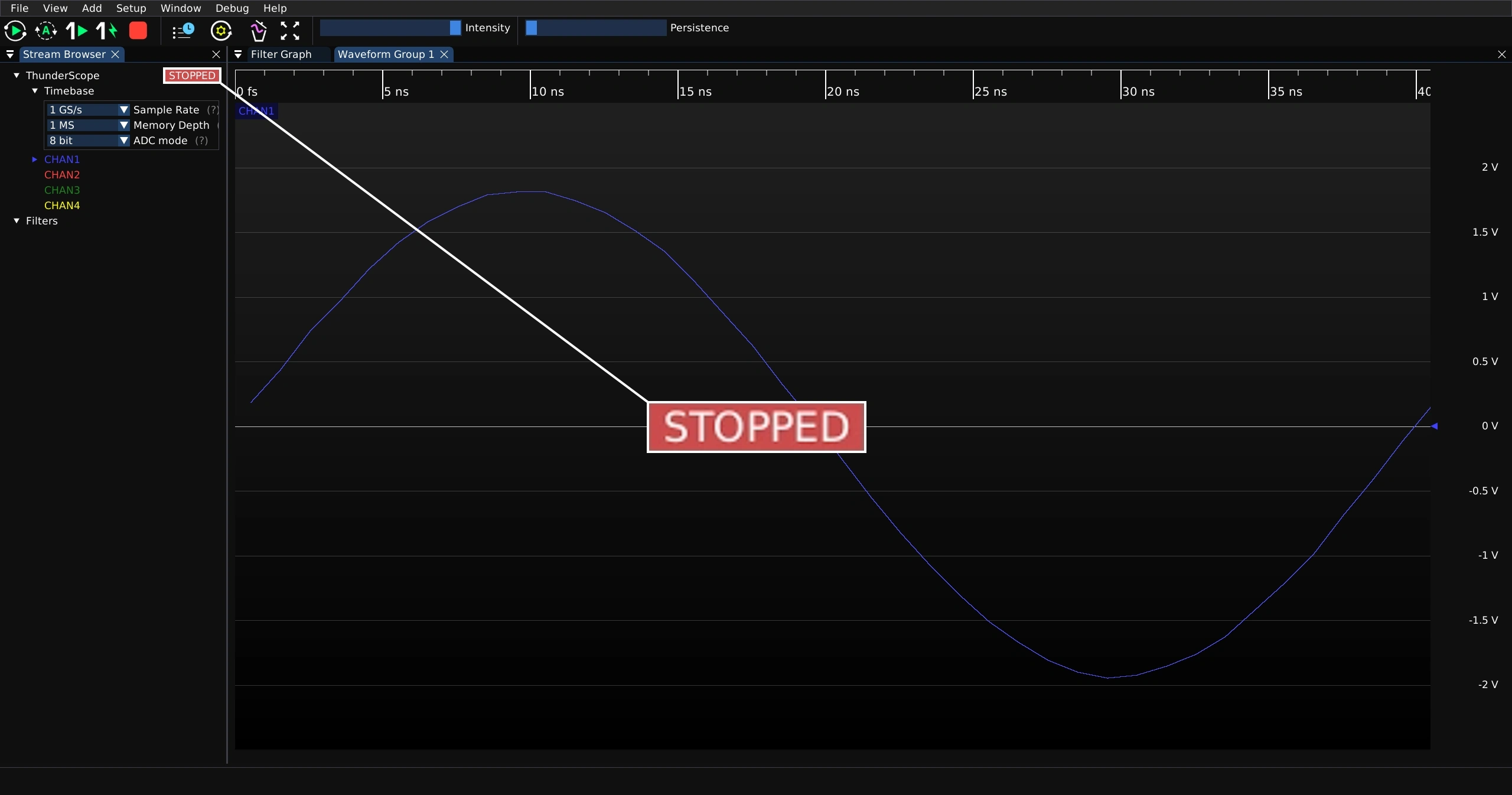 Screenshot of ngscopeclient showing a signal in single mode