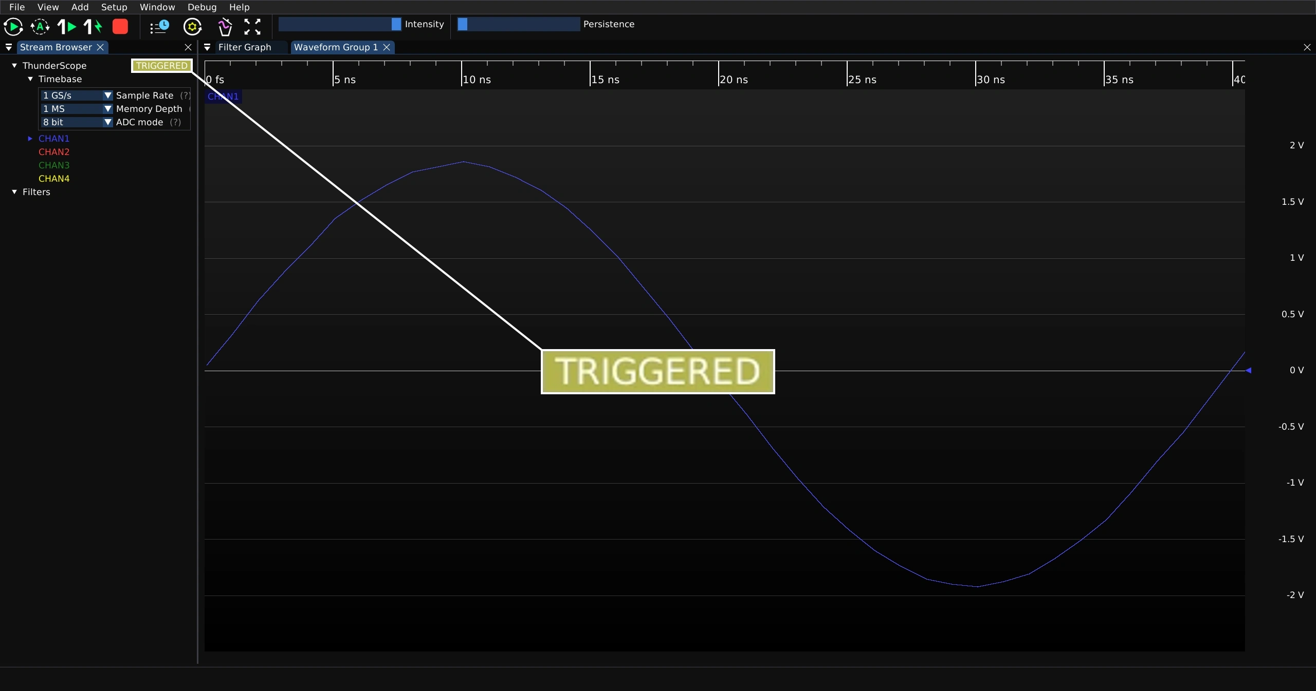 Screenshot of ngscopeclient showing a triggered 25 MHz sine in normal mode